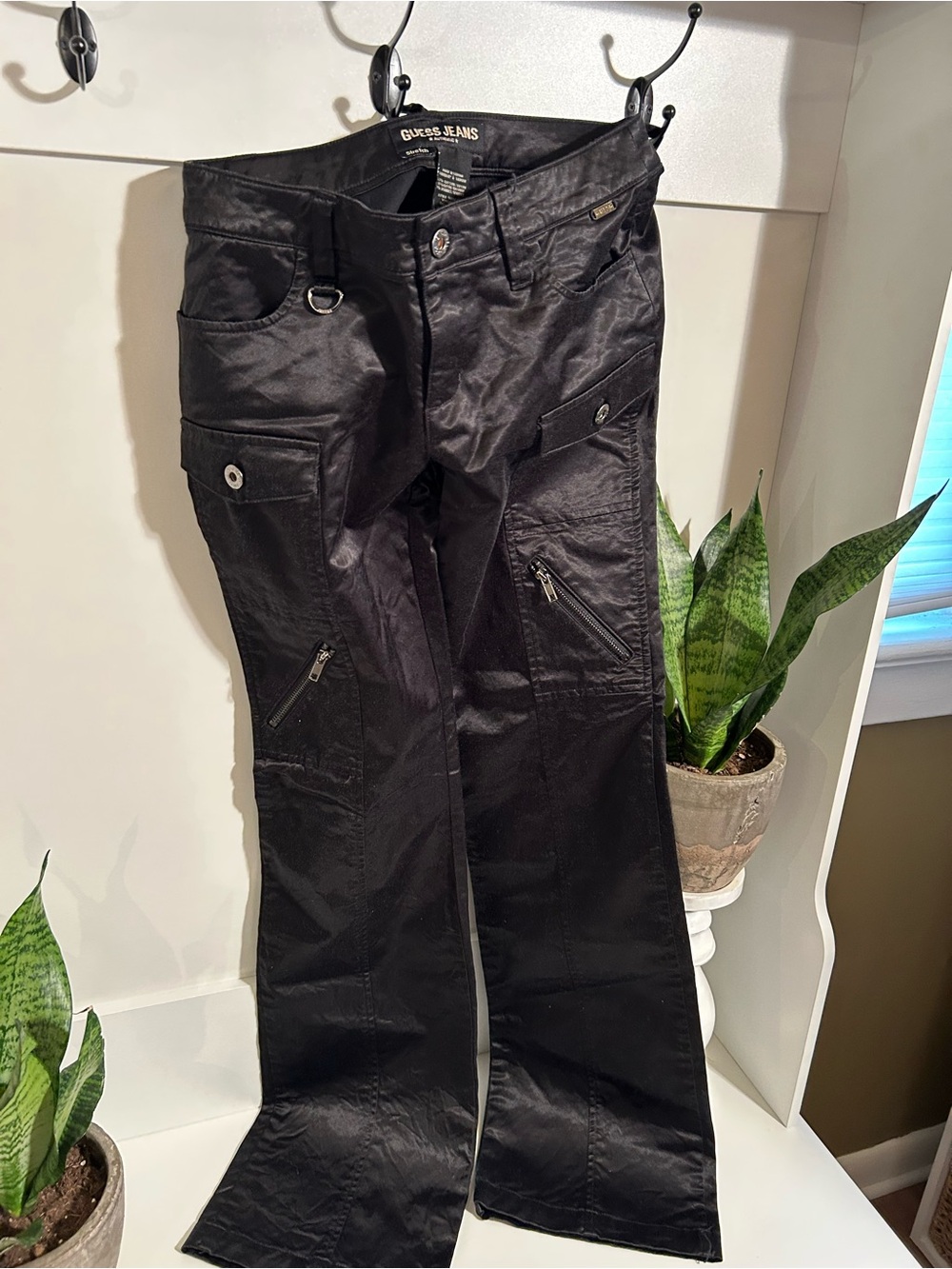 Guess Satin Like  Black Cargo Flare Pants NWOT Rare Vintage 90”s